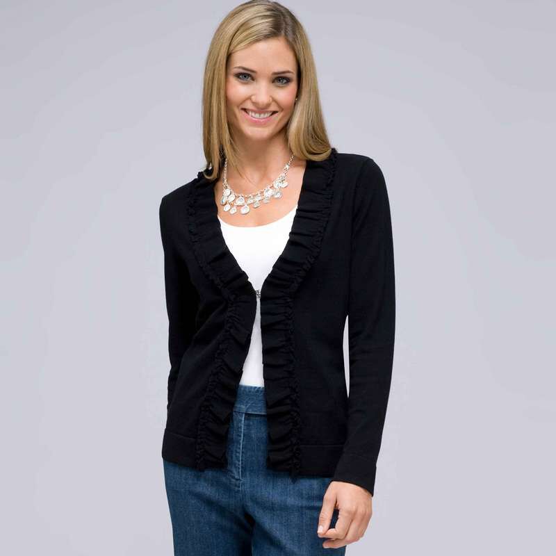Long Sleeve Ruffle Front Cardigan, , large